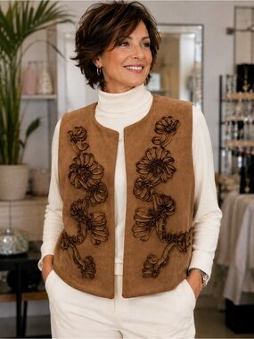 🆕Suede Embroidered Floral Vest in Camel